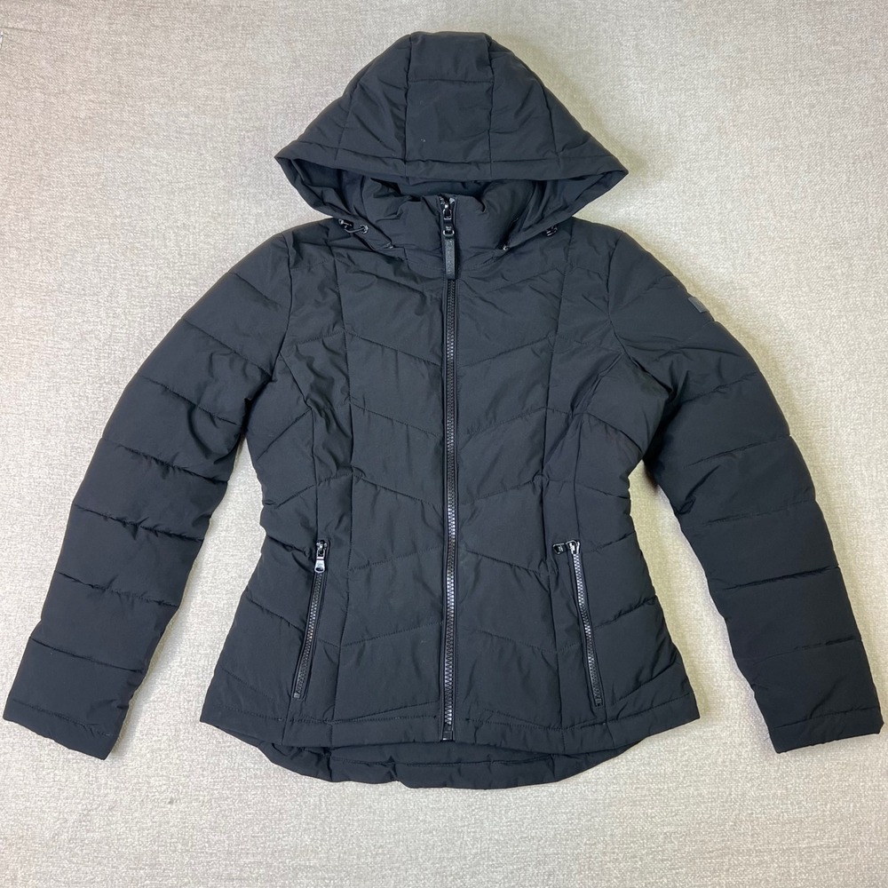Calvin Klein Jacket Womens Small Black Sorona Aura Hooded Chevron Quilted Puffer